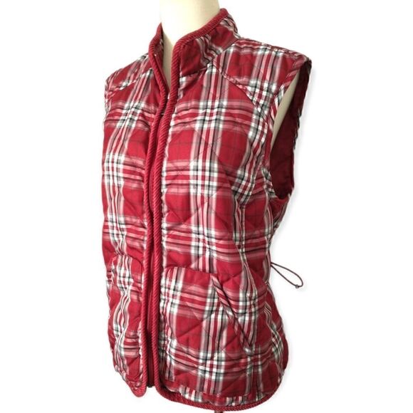 Buffalo Plaid Puffy Vest Quilted Red Pockets Cinched Medium Outdoors Academia - Picture 8 of 16